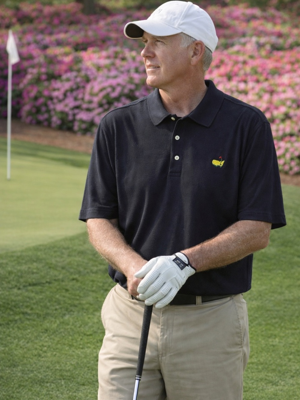Masters Men's Navy Golf Polo with Yellow Embroidered Masters logo amen corner